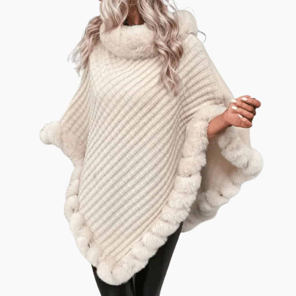 Dámské pletené ponco s umělým kožíškem a oversized střihem