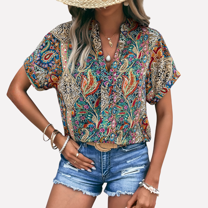 Dámská casual blůza s V-krkem a paisley potiskem, drop ramena