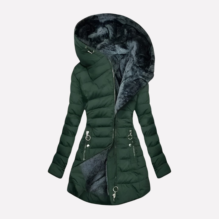 Zimní kabát pro ženy s kapucí a zipem