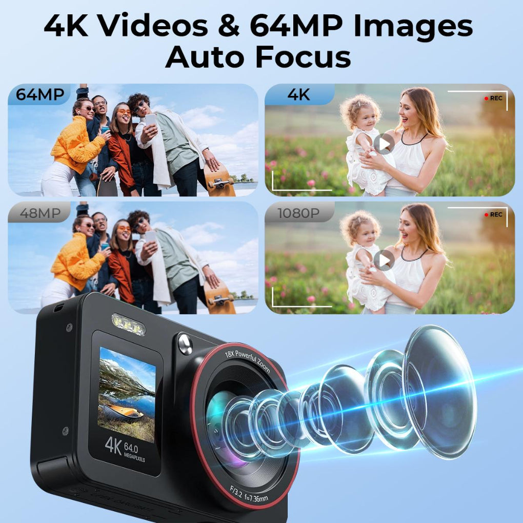 4K 64MP Digital Camera Dual Screen Selfie, 18X Zoom, 32GB Card &amp;amp; 2 Batteries for Beginners YouTube Vlog, Kentfaith