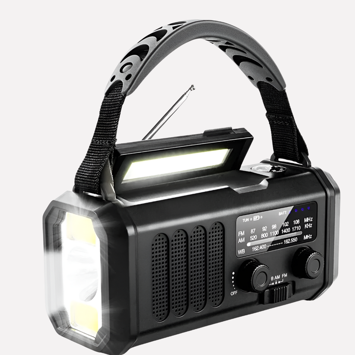 Nouzový radiopřijímač s ručním kolem, solárním panelem a funkcí power banku