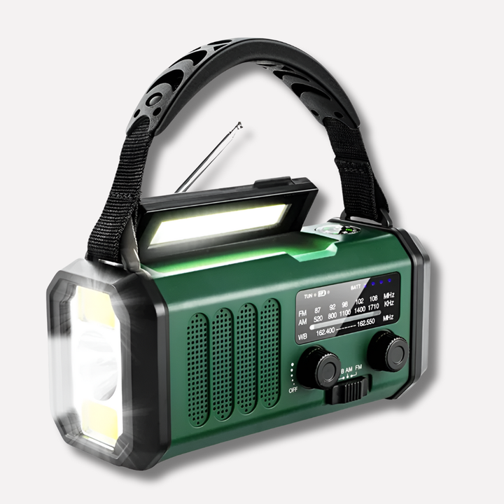 Nouzový radiopřijímač s ručním kolem, solárním panelem a funkcí power banku