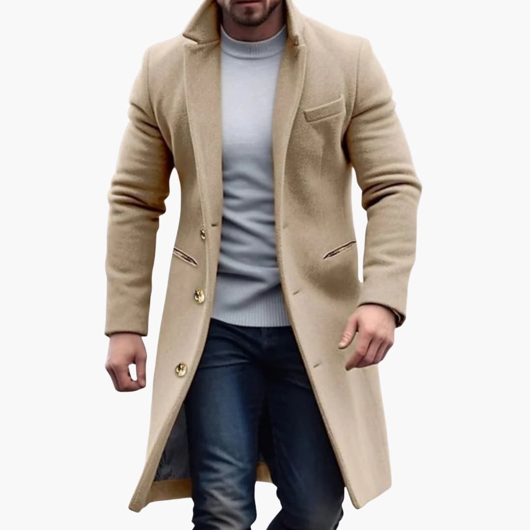 Pánský dlouhý kabát – styl s knoflíkovou patkou