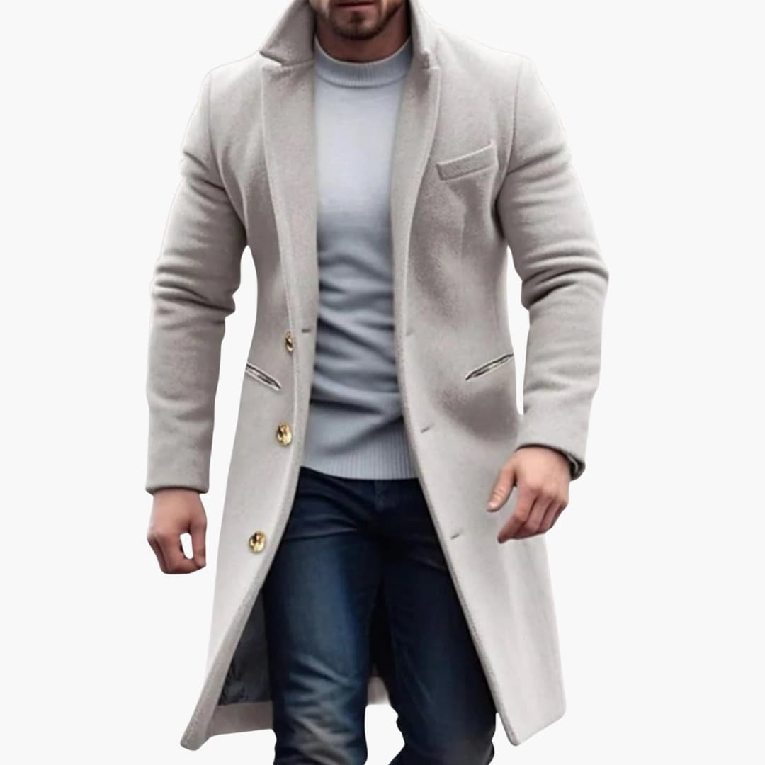Pánský dlouhý kabát – styl s knoflíkovou patkou