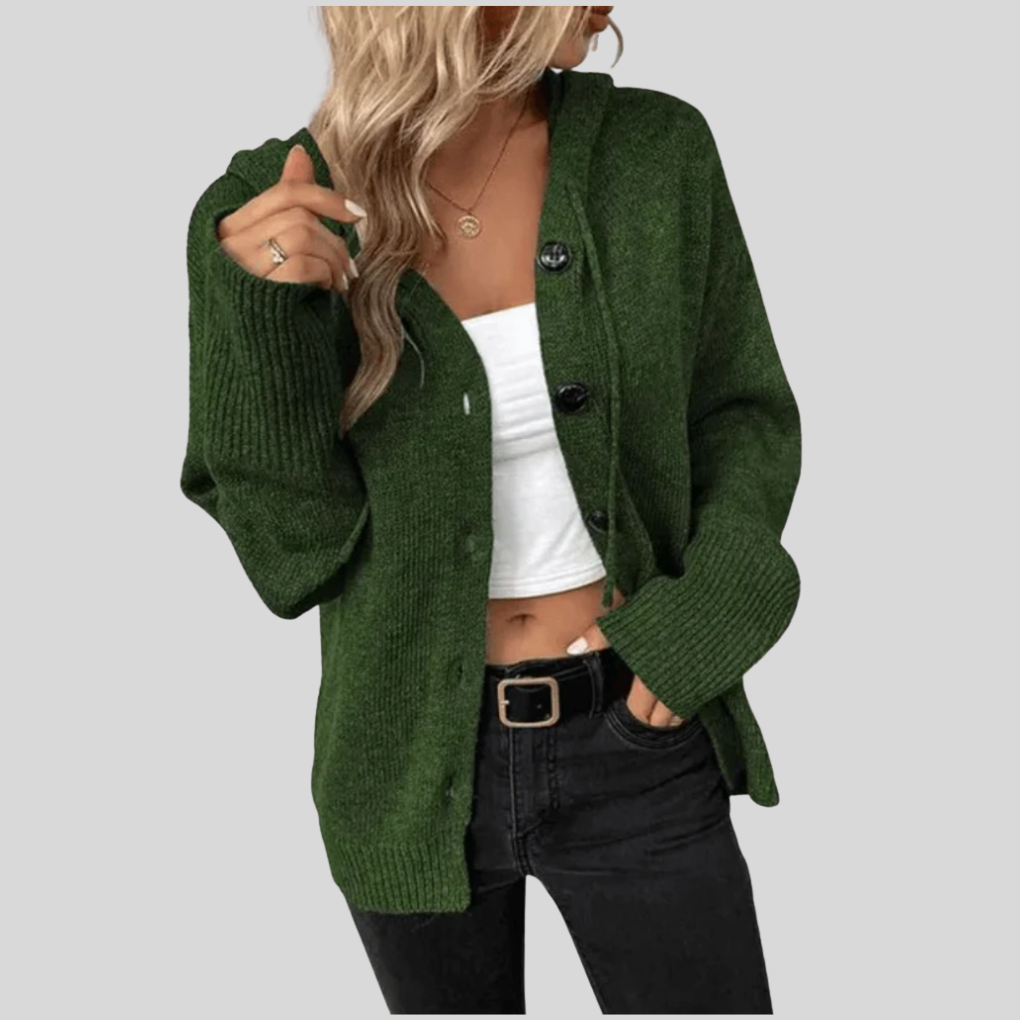 Dámský pletený cardigan – teplý s knoflíky a detailem puffer