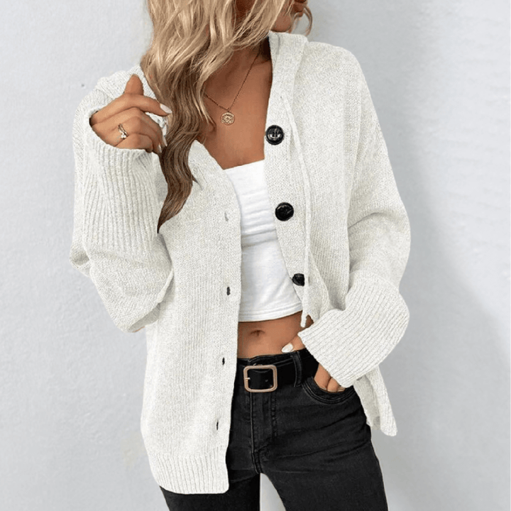 Dámský pletený cardigan – teplý s knoflíky a detailem puffer