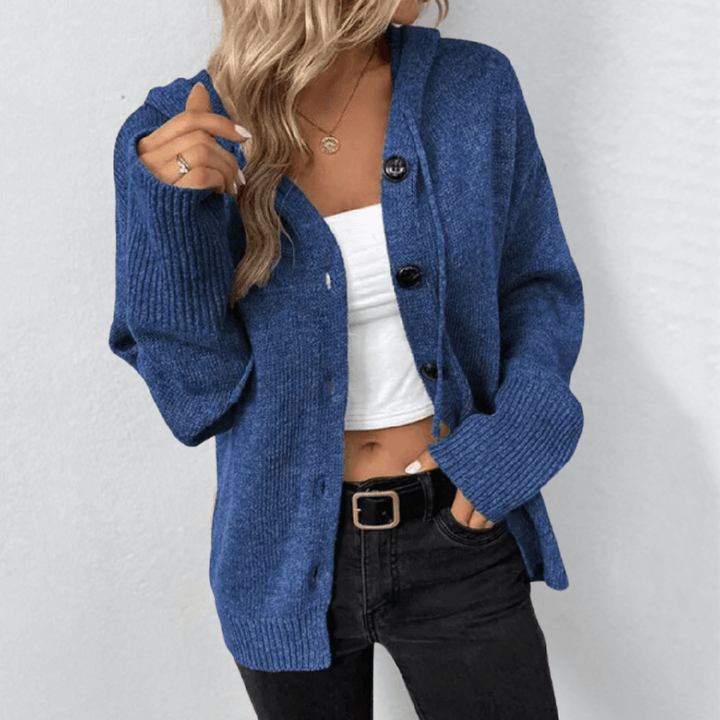 Dámský pletený cardigan – teplý s knoflíky a detailem puffer
